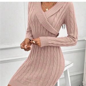 SHEIN Pink Long Sleeve Cable Knit Dress
